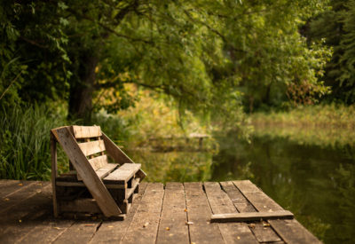A wooden bench on the deck on the lake surrounded by greens