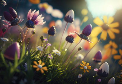 Beautiful spring flowers in the meadow at sunset. Nature background.